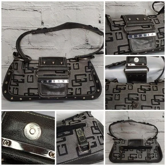 'GUESS' STUDDED MONOGRAM SHOULDER BAG SIGNATURE BIMBO BAGUETTE - Picture 14 of 16